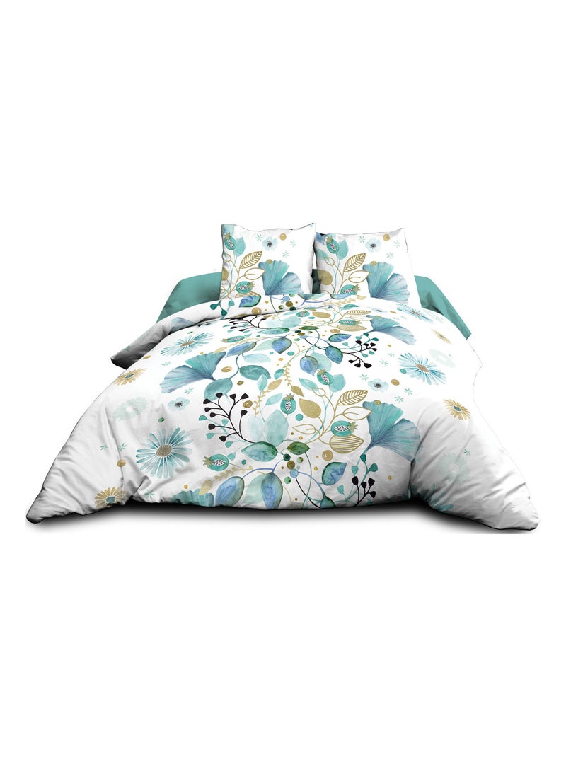 Parure Drap plat + drap-housse 160x200 + 2 T - Pur coton 57 fils - Bloom Bleu turquoise - Kiabi