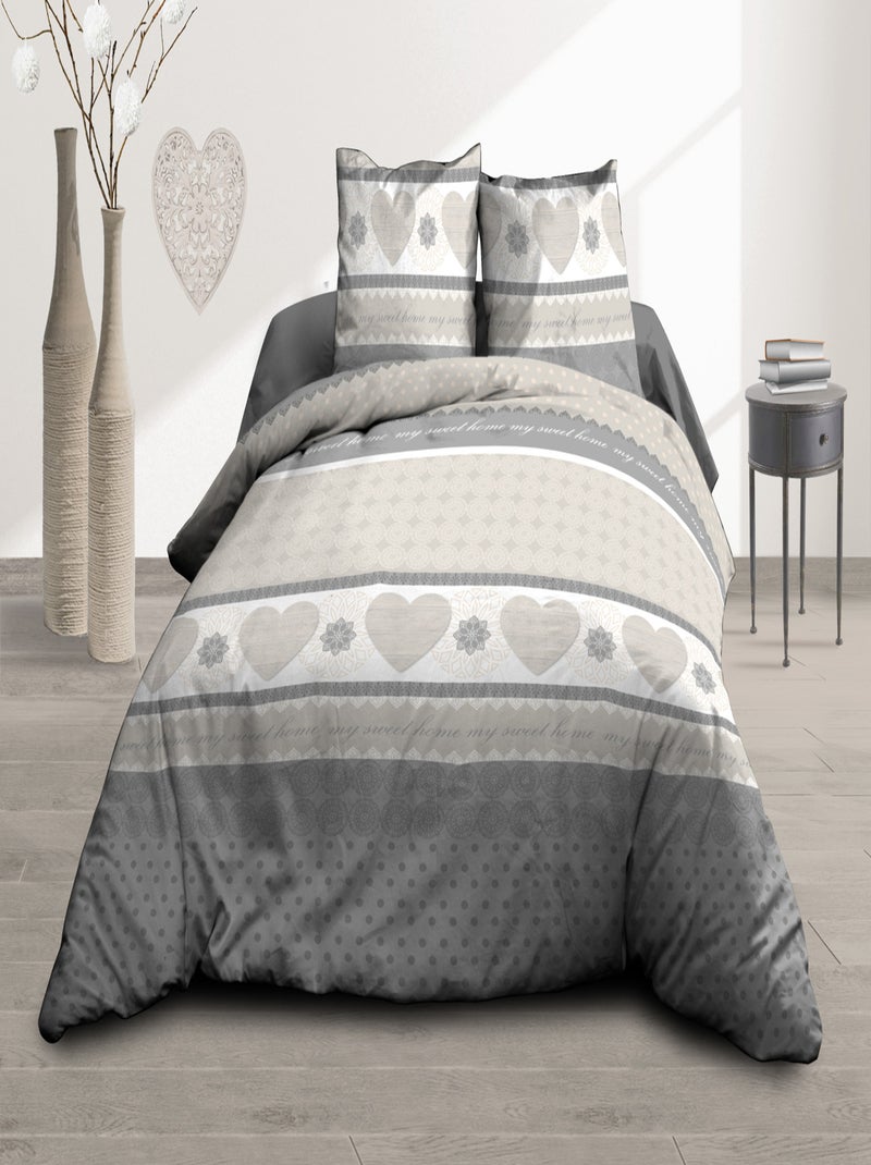 Parure Drap plat + drap-housse 160x200 + 2 T - Pur coton 57 fils - Coeurs gris Gris - Kiabi