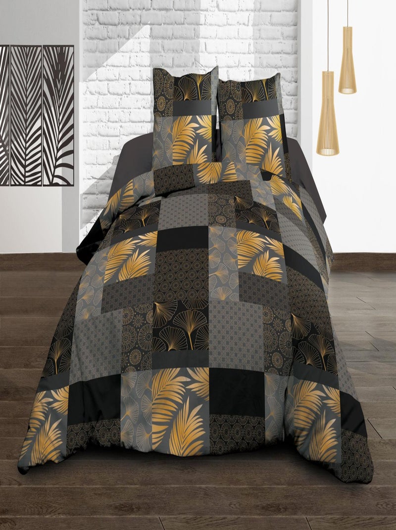 Parure Drap plat + drap-housse 160x200 + 2 T - Pur coton 57 fils - Doha Noir - Kiabi