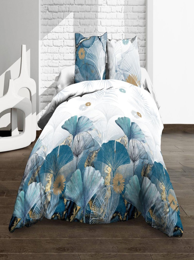 Parure Drap plat + drap-housse 160x200 + 2 T - Pur coton 57 fils - Ginko bleu Bleu - Kiabi