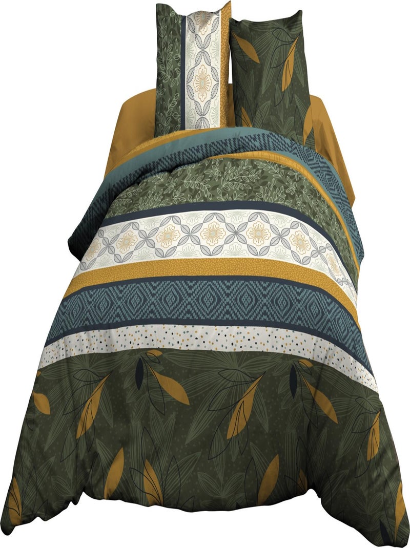 Parure Drap plat + drap-housse 160x200 + 2 T - Pur coton 57 fils - Owen Vert - Kiabi