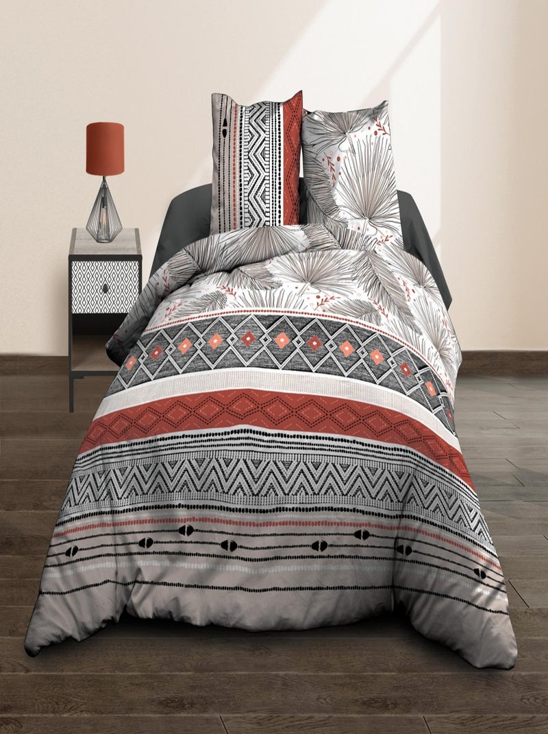 Parure Drap plat + drap-housse 160x200 + 2 T - Pur coton 57 fils - Palme Rouge - Kiabi