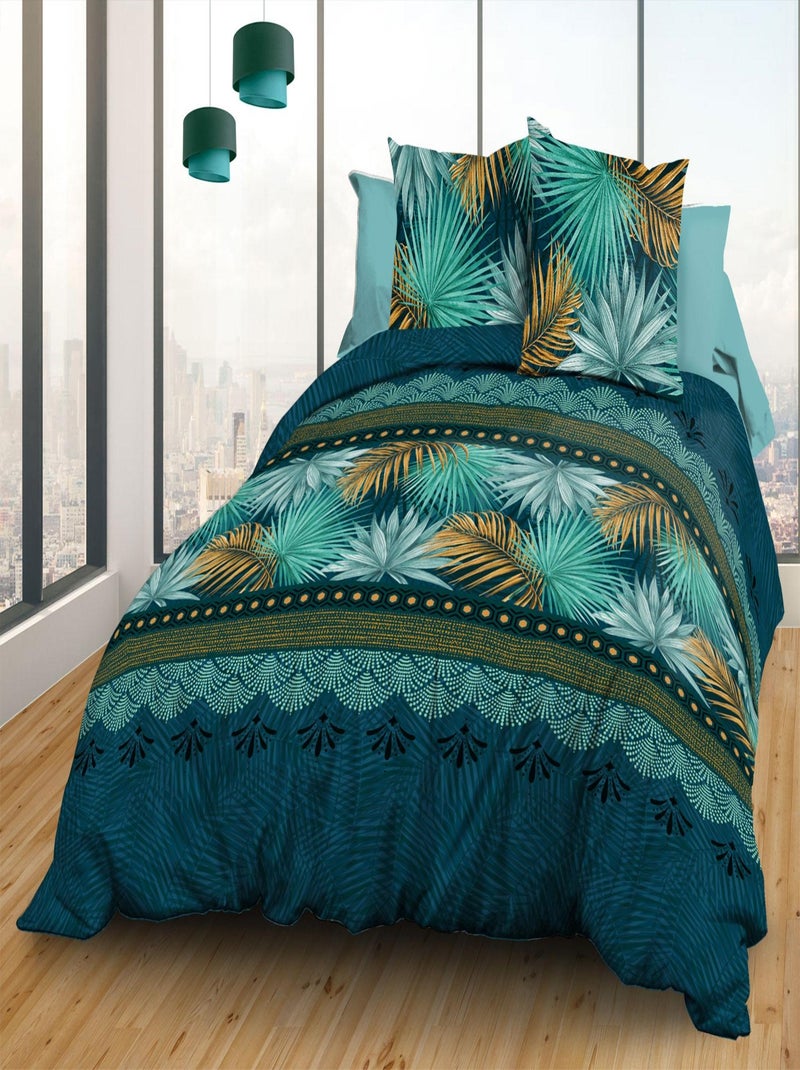 Parure Drap plat + drap-housse 160x200 + 2 T - Pur coton 57 fils - Paraiso Bleu - Kiabi