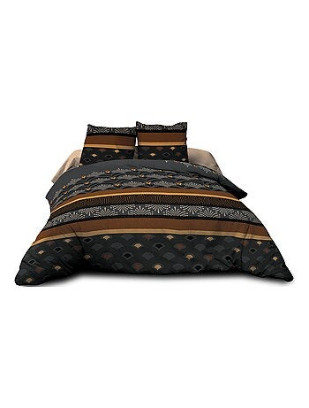 Parure Drap plat + drap-housse 160x200 + 2 T - Pur coton 57 fils - Phenix Noir