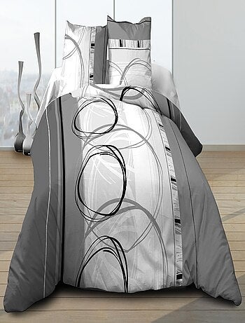 Parure Drap plat + drap-housse 160x200 + 2 T - Pur coton 57 fils - Roue Libre gris