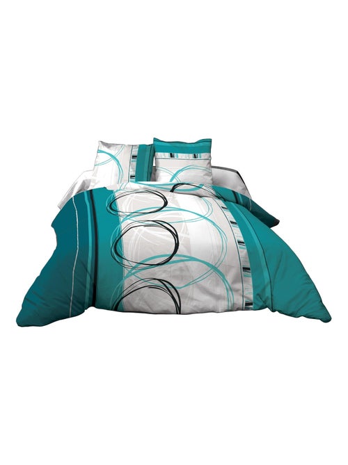 Parure Drap plat + drap-housse 160x200 + 2 T - Pur coton 57 fils - Roue Libre turquoise - Kiabi