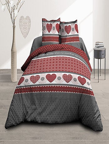 Parure Drap plat + drap-housse+ 2 taies d'oreiller 63 x 63 cm - Pur coton 57 fils - Coeurs rouge