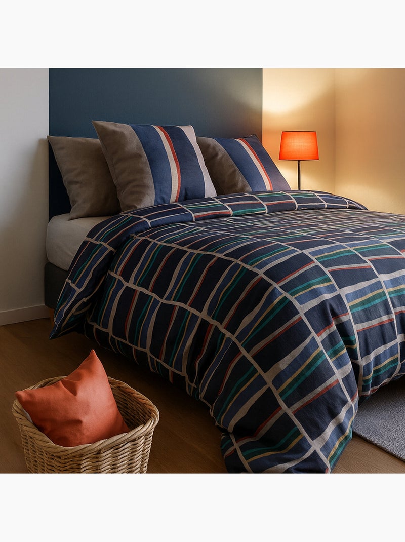Parure housse de couette 100 % coton arty Bleu - Kiabi