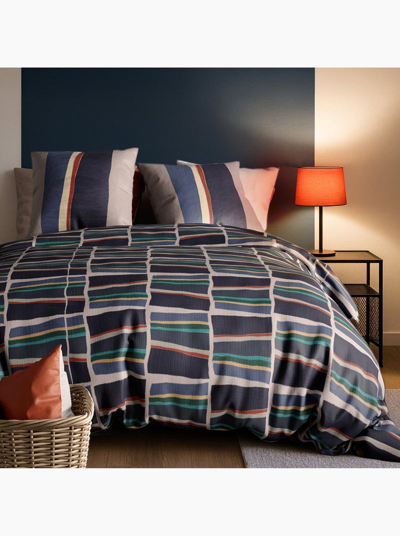 Parure housse de couette 100 % coton arty Bleu - Kiabi