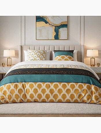 Housse de couette imprimée + 2 taies en coton 57 fils