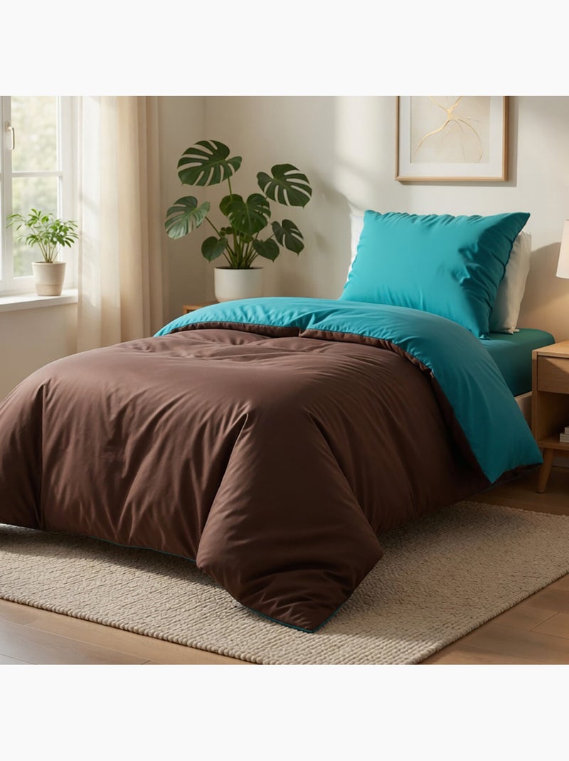 Parure housse de couette 100 % coton bicolore Marron chocolat - Kiabi