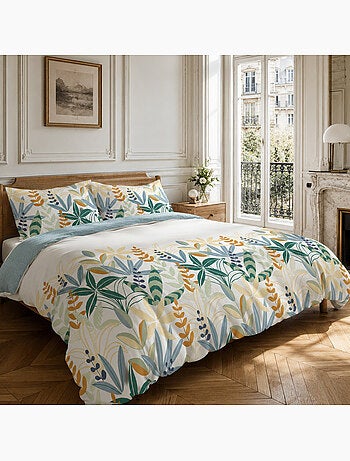 Parure housse de couette 100% coton feuillage, goyave