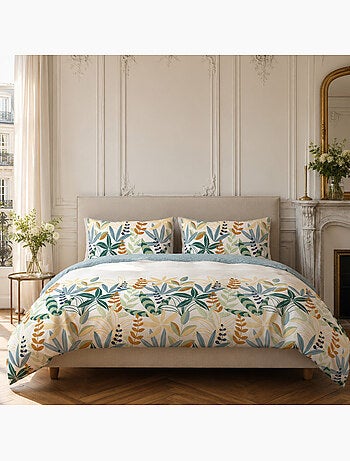 Parure housse de couette 100% coton feuillage, goyave