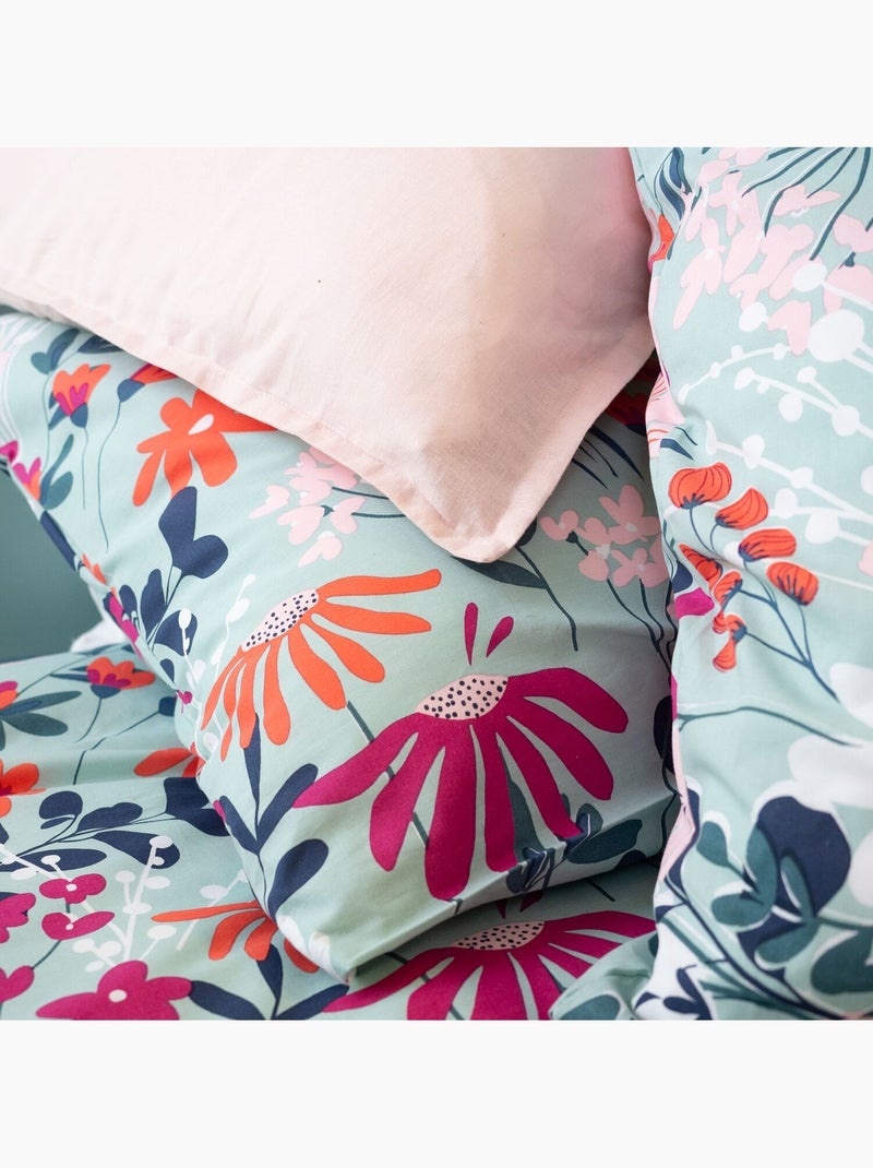 Parure housse de couette 100 % coton flore Bleu - Kiabi