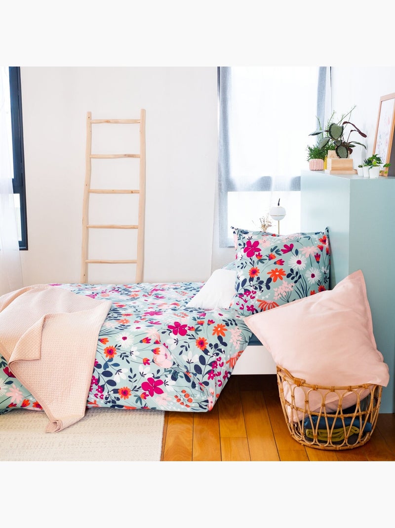 Parure housse de couette 100 % coton flore Bleu - Kiabi