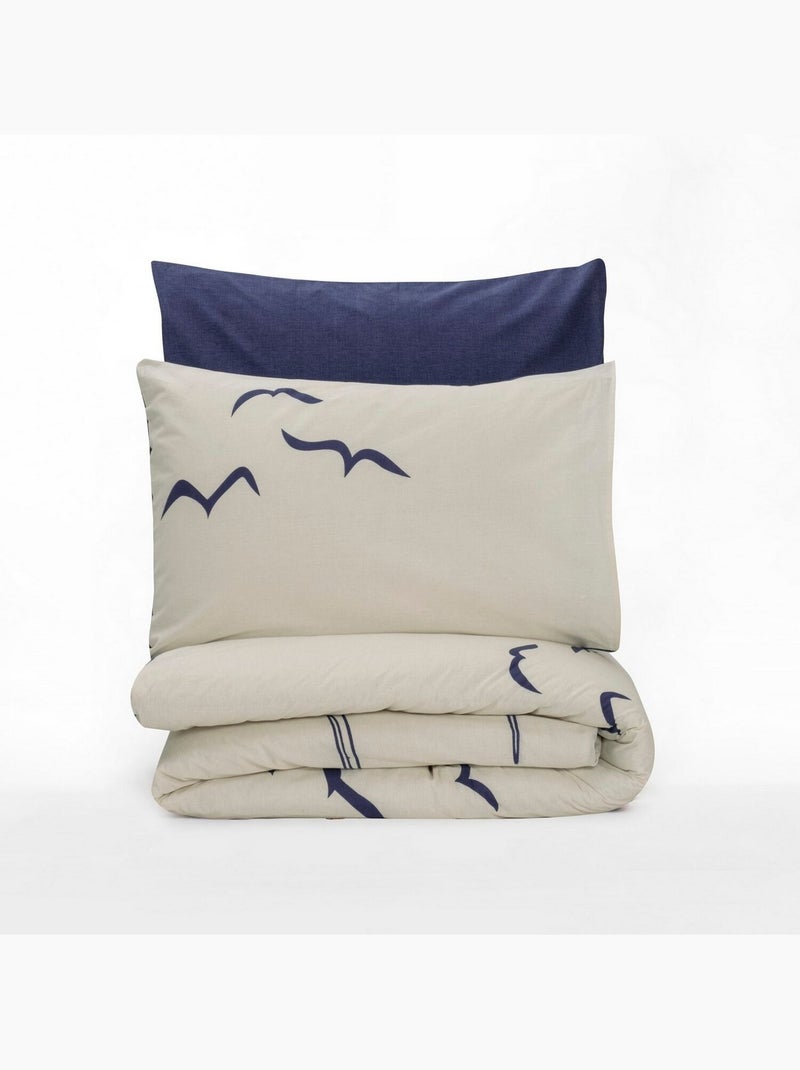 Parure housse de couette 100% coton Imprimée oiseaux marins - Larum Multicolore - Kiabi