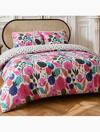 Parure housse de couette 100% percale de coton motif floral printemps blanc rose, kate merritt