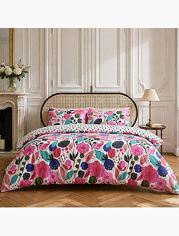 Parure housse de couette 100% percale de coton motif floral printemps blanc rose, kate merritt