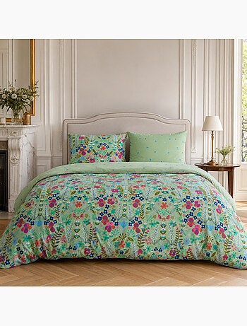 Parure housse de couette 100% percale de coton motif floral printemps vert, kate merritt