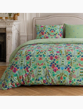 Parure housse de couette 100% percale de coton motif floral printemps vert, kate merritt