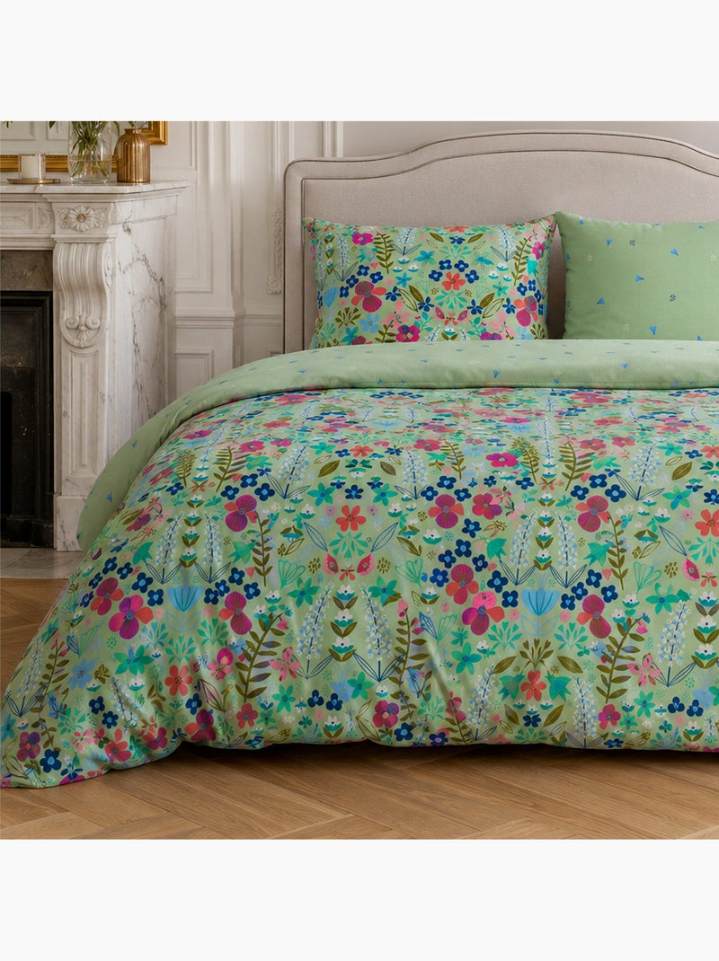 Parure housse de couette 100% percale de coton motif floral printemps vert, kate merritt Multicolore - Kiabi