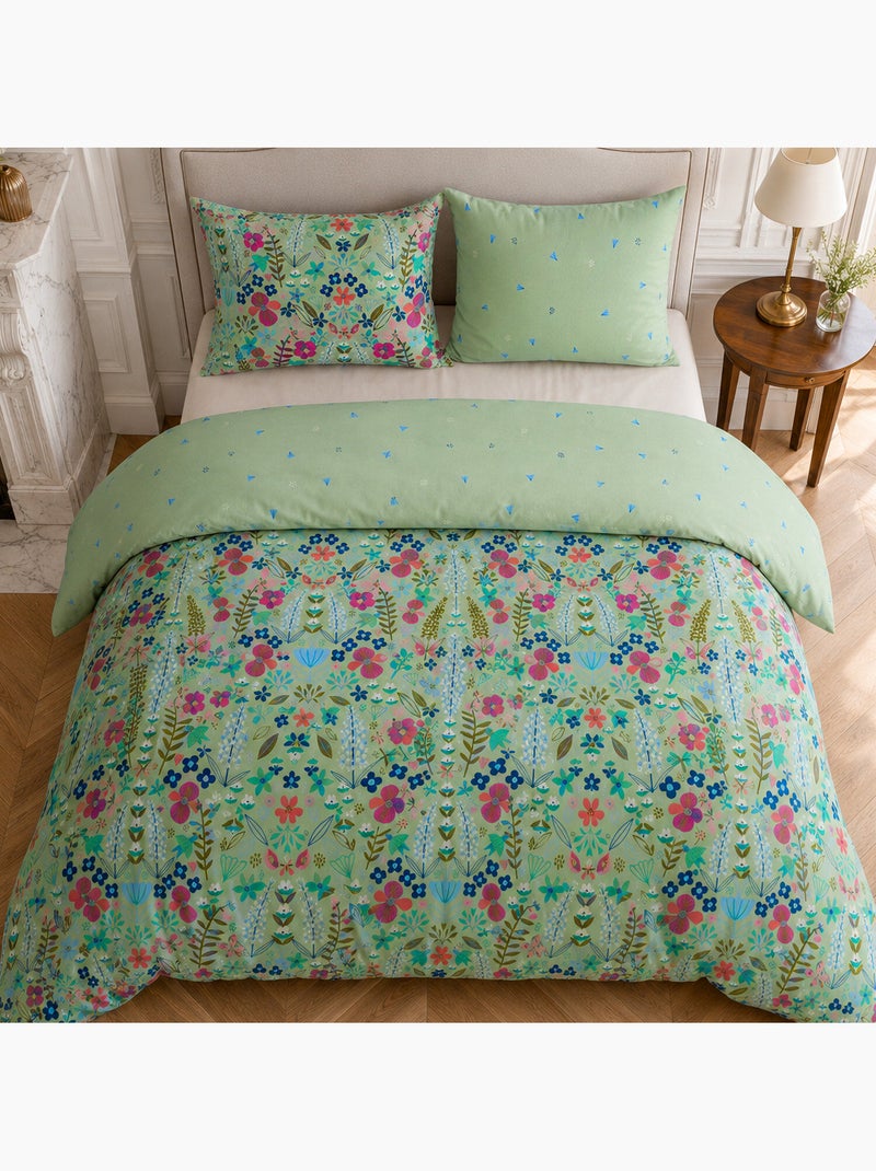 Parure housse de couette 100% percale de coton motif floral printemps vert, kate merritt Multicolore - Kiabi