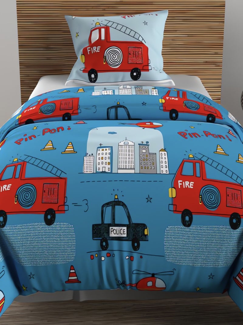 Parure housse de couette 140x200 cm POMPIERS, 100% coton 57 fils/cm2, par S avec 1 taie d'oreiller Bleu - Kiabi