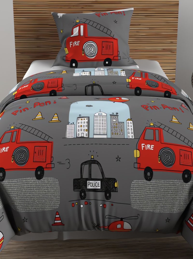 Parure housse de couette 140x200 cm POMPIERS, 100% coton 57 fils/cm2, par S avec 1 taie d'oreiller Gris - Kiabi
