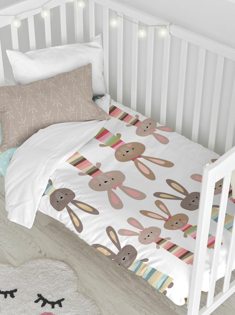 Parure housse de couette 2 pièces Rabbit family Lit Bébé "Happyfriday" Bleu Gris - Kiabi