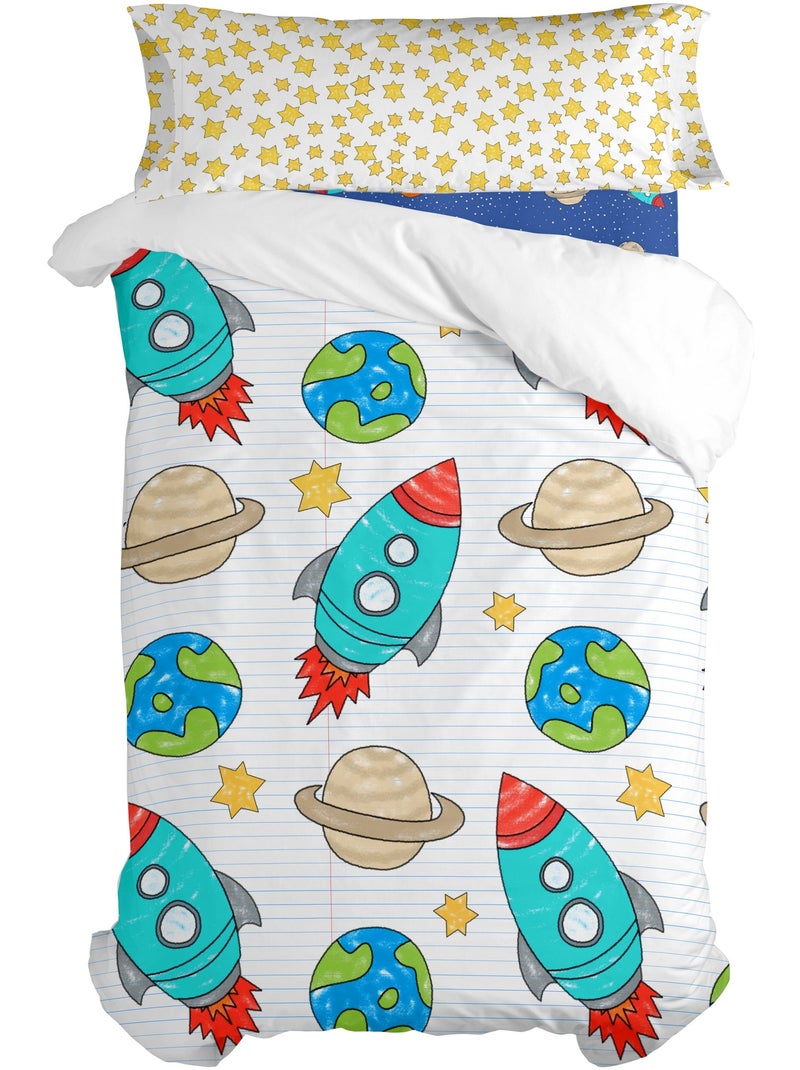 Parure housse de couette 2 pièces Space rocket "Happyfriday" Blanc - Kiabi