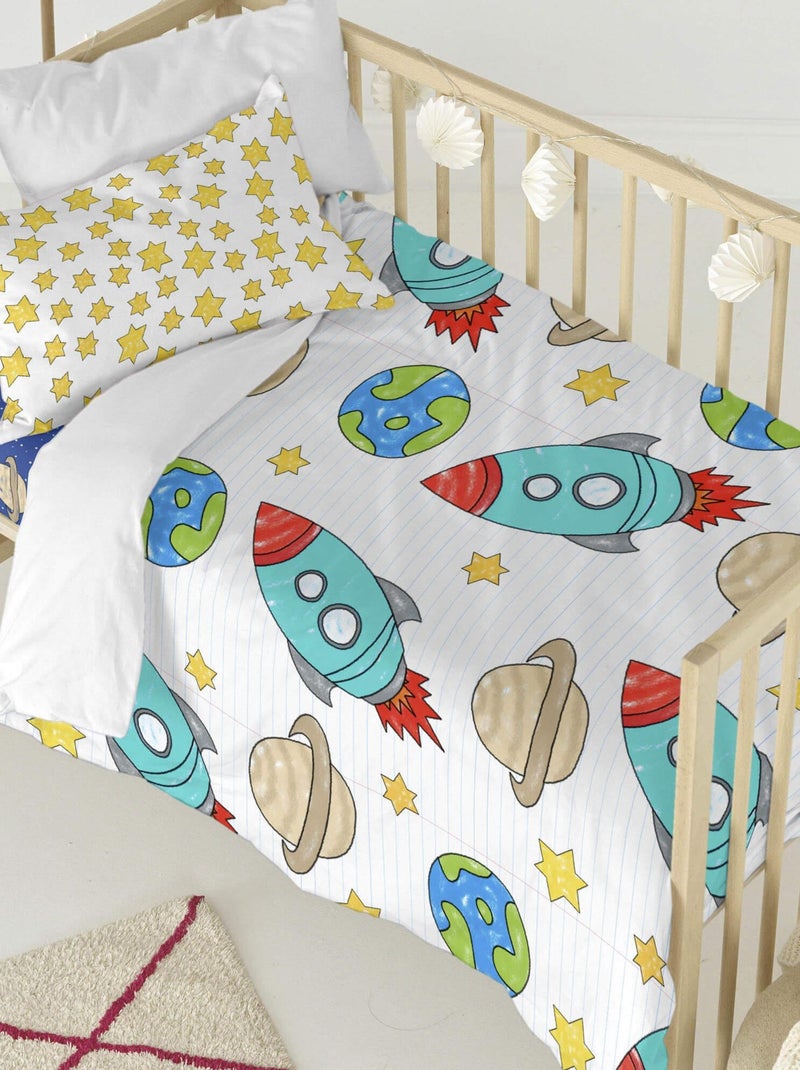 Parure housse de couette 2 pièces Space rocket Lit Bébé "Happyfriday" Bleu Blanc - Kiabi