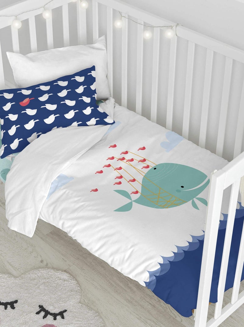 Parure housse de couette 2 pièces Whale Berceau "Happyfriday" Bleu - Kiabi