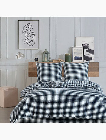 Housse de couette + taie(s) oreiller "Vichy marine" 100% coton imprimé.