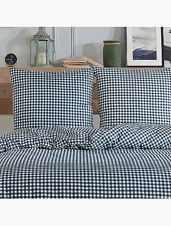 Housse de couette + taie(s) oreiller "Vichy marine" 100% coton imprimé.