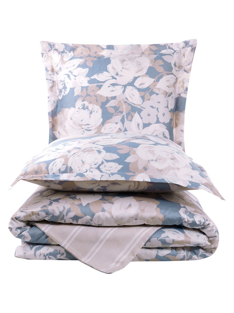 Parure housse de couette 240x220 cm et 2 taies d'oreiller 63x63cm satin de coton imprimé Bleu Beige - Kiabi