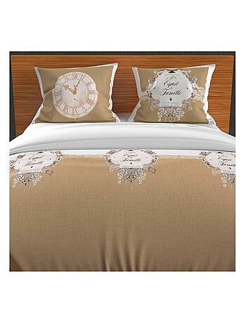 Parure housse de couette 260x240 cm en coton 57 Fils ESPRIT DE FAMILLE taupe, par Soleil d'ocre