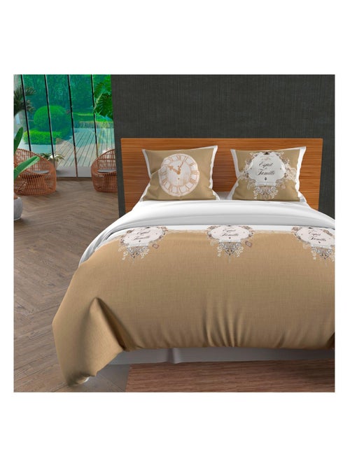 Parure housse de couette 260x240 cm en coton 57 Fils ESPRIT DE FAMILLE taupe, par Soleil d'ocre - Kiabi