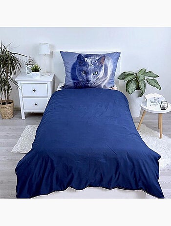 Parure Housse de Couette Chat Gris 140x200 cm avec taie d'oreiller - Ensemble de lit