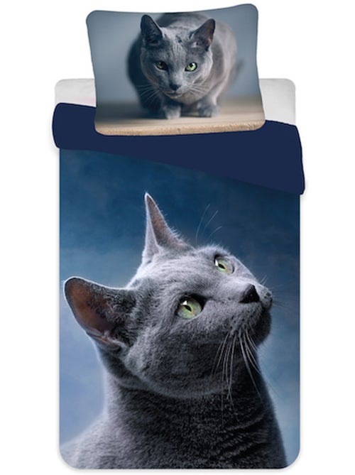 Parure Housse de Couette Chat Gris 140x200 cm avec taie d'oreiller - Ensemble de lit - Kiabi