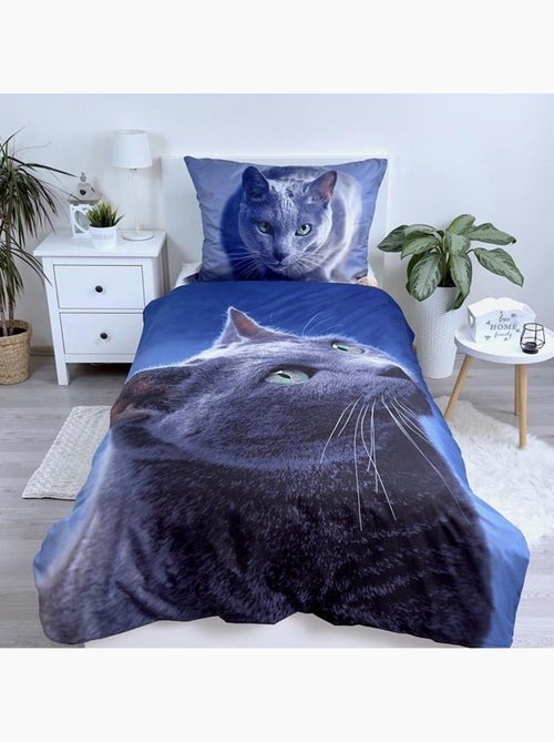 Parure Housse de Couette Chat Gris 140x200 cm avec taie d'oreiller - Ensemble de lit - Kiabi