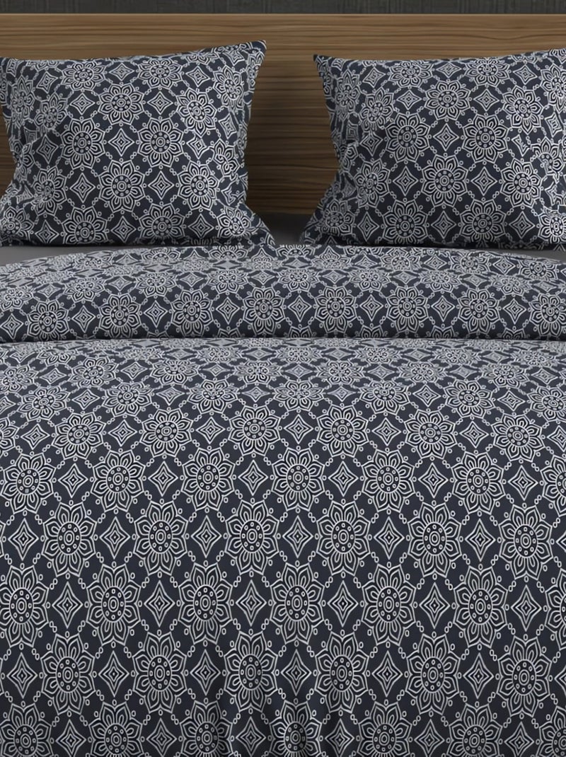 Parure housse de couette coton 57 fils ESMERALDA, par Soleil d'ocre avec 2 taies d'oreiller Bleu - Kiabi