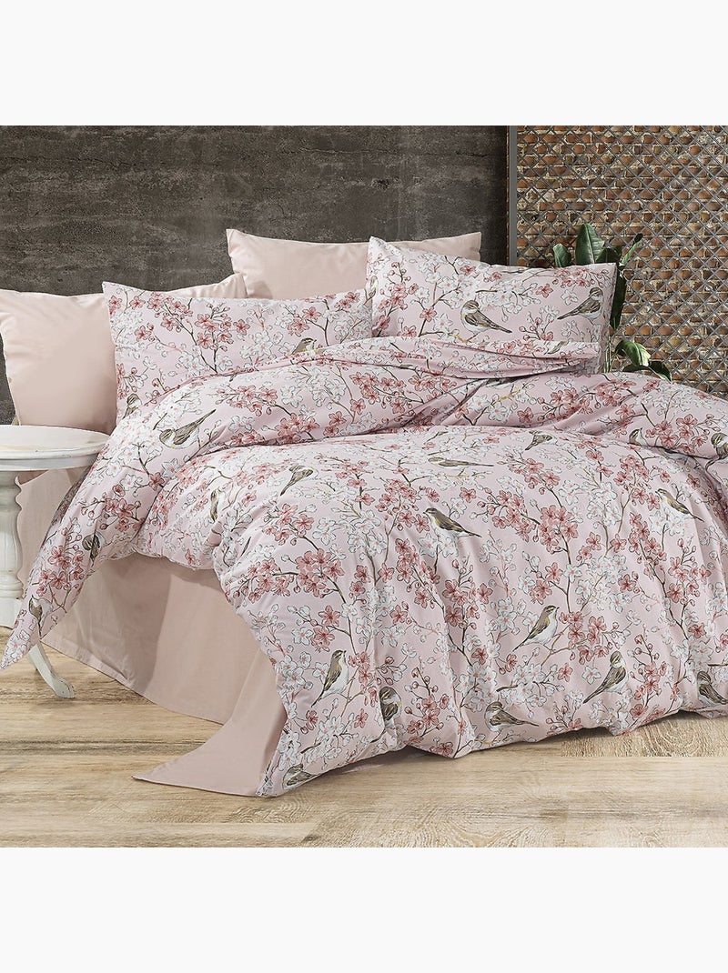 Parure housse de couette Coton motif Floral Oiseaux Rose - Kiabi
