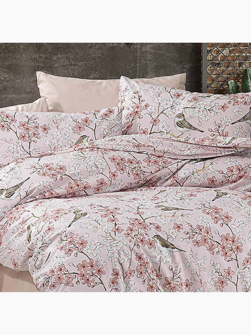 Parure housse de couette Coton motif Floral Oiseaux Rose - Kiabi