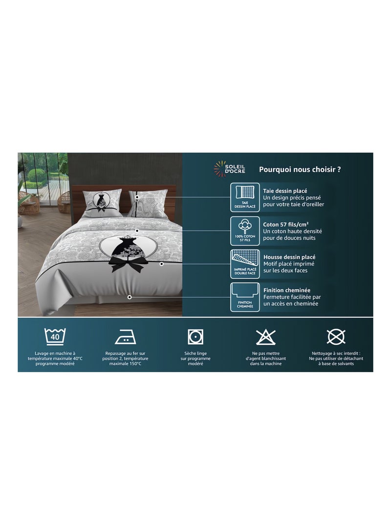 Parure housse de couette dessin placé 240X220 cm CARESSE, 100% coton 57 fils/cm2 Gris - Kiabi