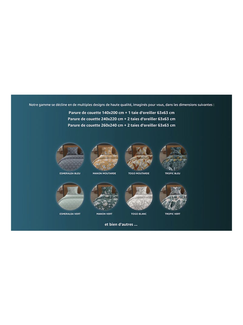 Parure housse de couette en coton 57 fils MATHIS, par Soleil d'ocre avec 2 taies d'oreiller Bleu - Kiabi