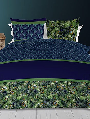 Parure housse de couette en coton 57 Fils PAON bleu, par Soleil d'ocre avec 2 taies d'oreiller