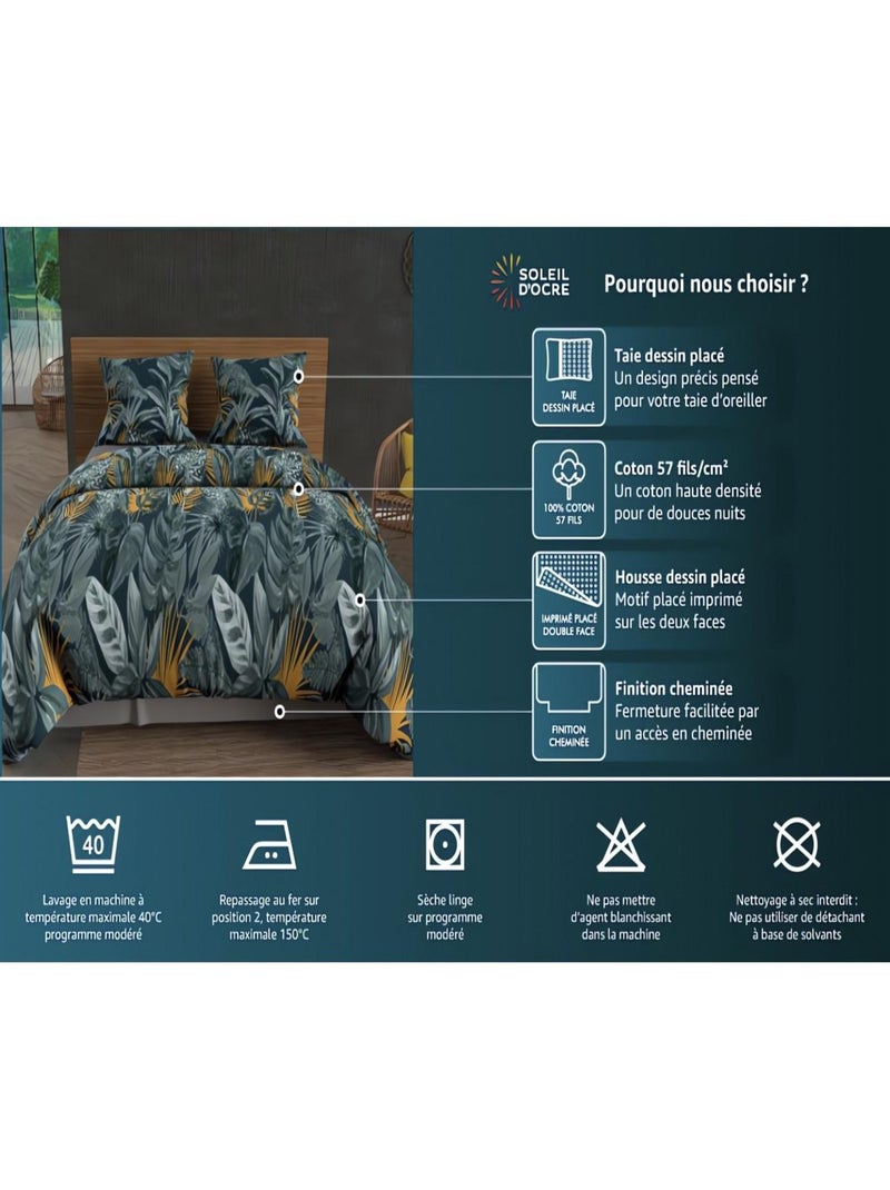 Parure housse de couette en coton 57 Fils/cm2 EVASION, par Soleil d'ocre avec 2 taies d'oreiller Blanc - Kiabi