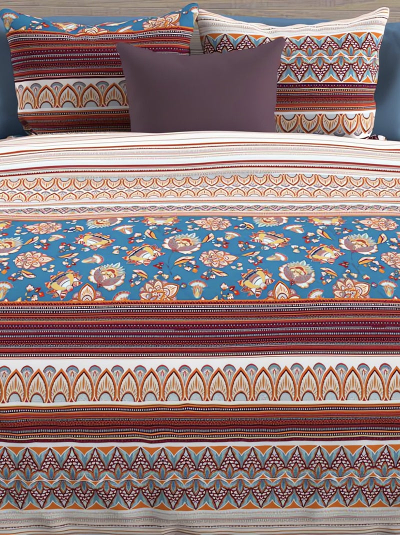 Parure housse de couette en coton 57 fils/cm2 JAIPUR, par Soleil d'Ocre avec 2 taies d'oreiller Bleu - Kiabi