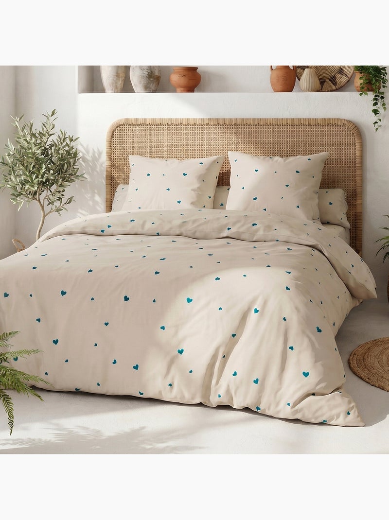 Parure housse de couette en coton imprimée cœur bleu - LAMOURELLE Multicolore - Kiabi