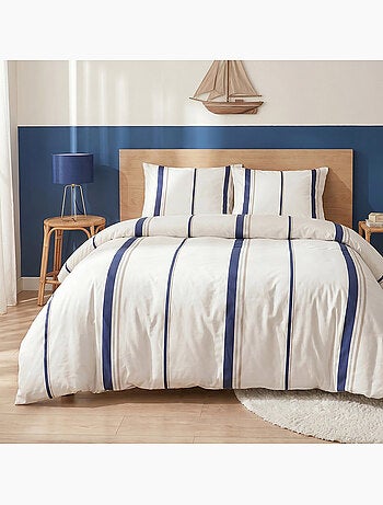Parure housse de couette en coton imprimée rayures bleu - LORD